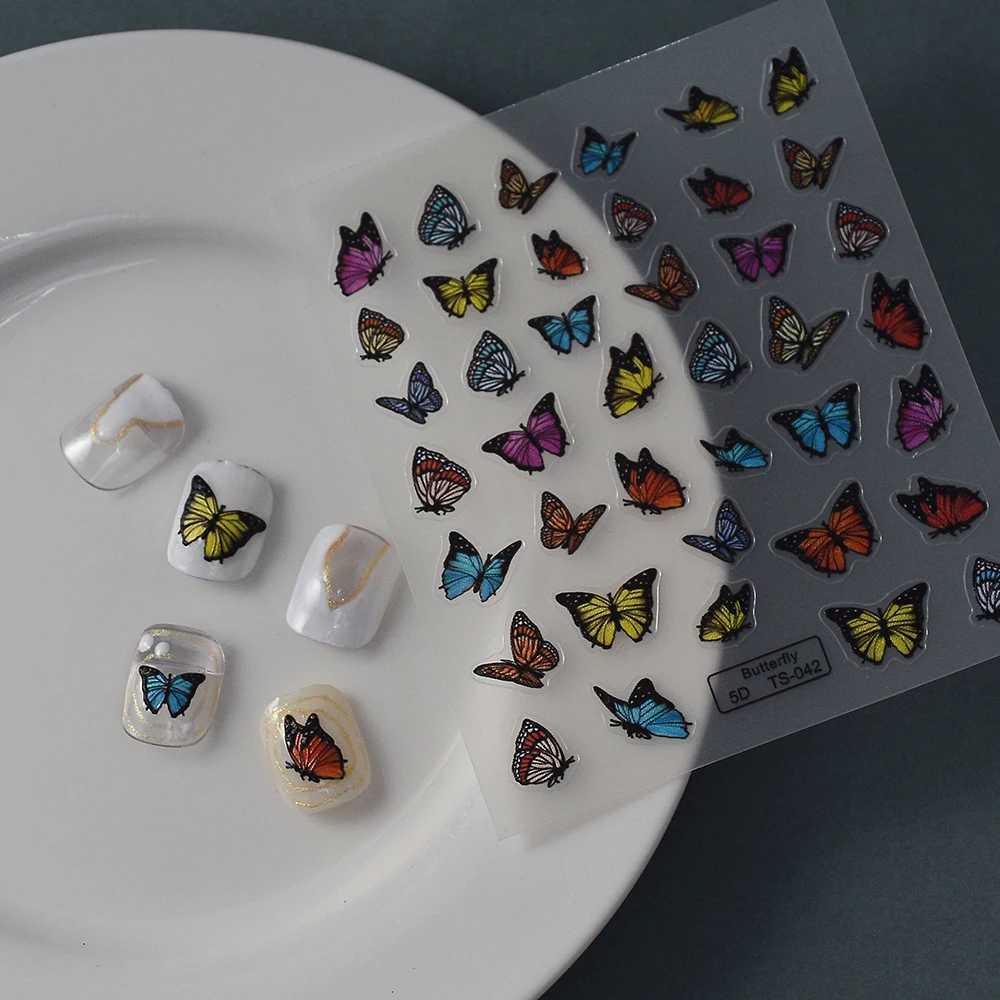 1PCS 5D Embossed Nail Supplies Blue Butterfly Nail Sticker Seasons Self-Adhesive Flower Nail Decor Decals DlY Press On NailsXJ240814