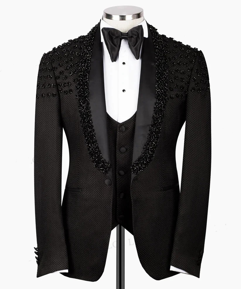 Men's Wedding Suit Fashion Shawl Lapel Tailored Blazers Beading Groom Jacket For Man One Button Custom Made Coat 2 Pieces Set(Jacket+Pants)