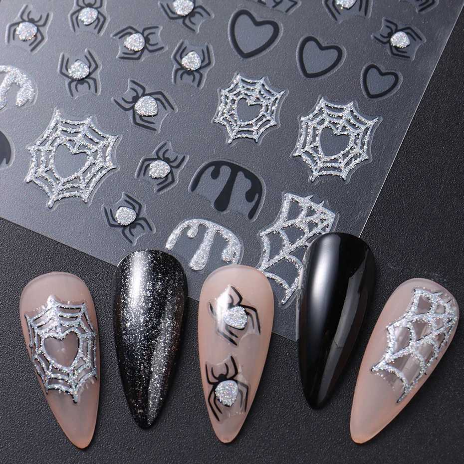 Spider Web Silver Glitter Nail Art Stickers Decals Self-Adhesive Spider Love Heart Shimmer 3D Halloween Nail Stickers SuppliesXJ240814