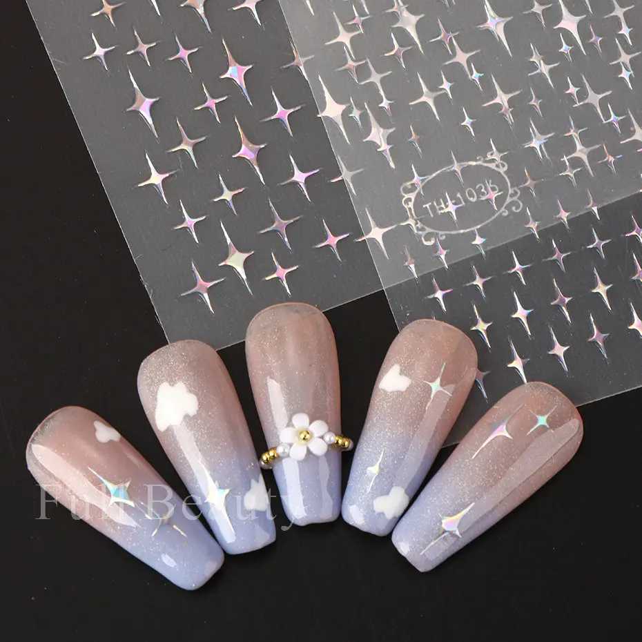 Laser Sakura Flower 3D Nail Sticker Holographic Foils Decals Snake Star Heart Adhesive Sliders Cherry Blossom ManicureXJ240814