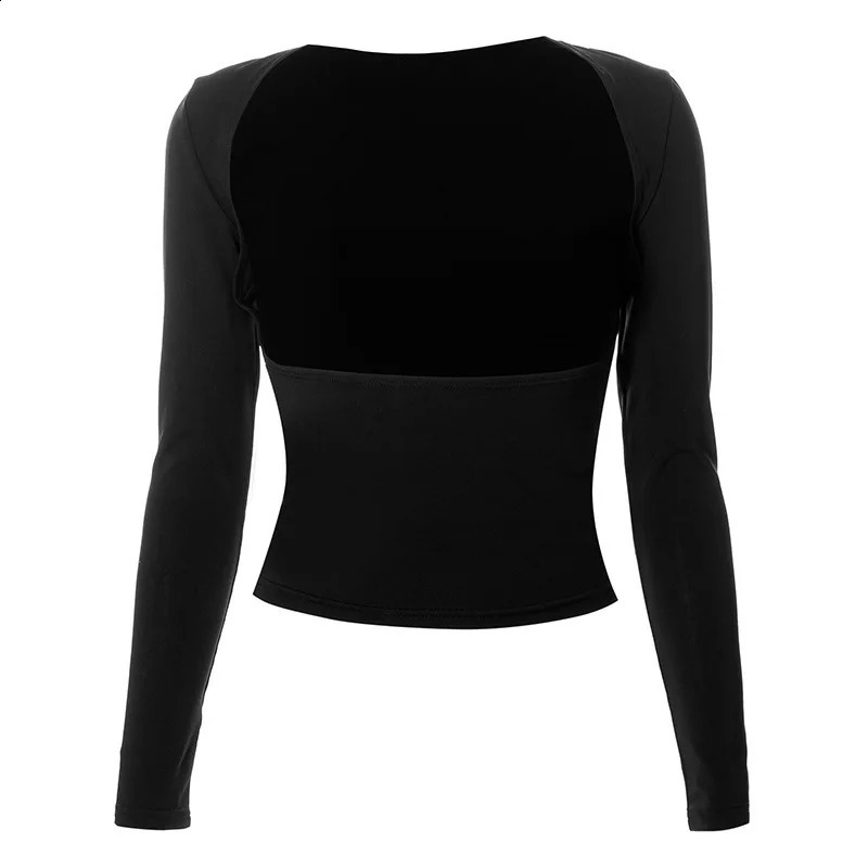 Autumn black womens Tshirt long sleeved Oneck sexy backless crop top casual body fashionable solid basic 240814