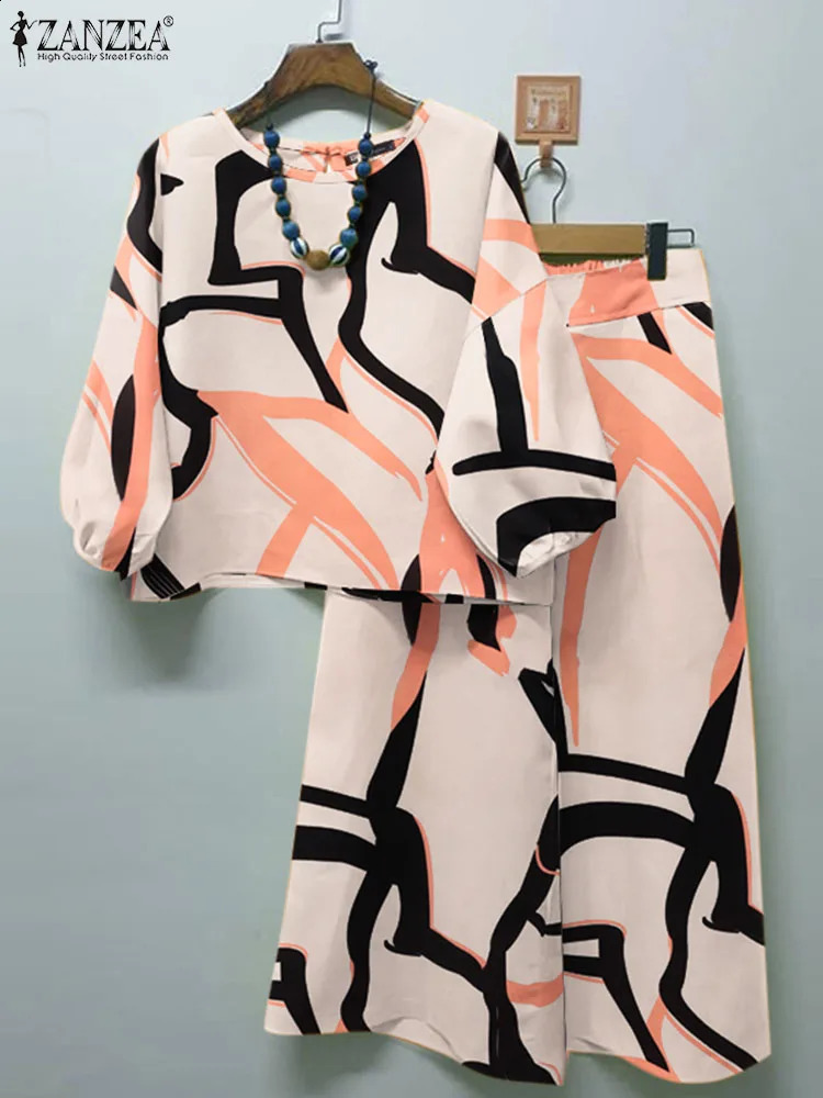 ZANZEA Women Bohemian Floral Printed Matching Sets Vintage 3/4 Sleeve Blouse Wide Leg Pants Suits Casual Work Tracksuit 2PCS 240815