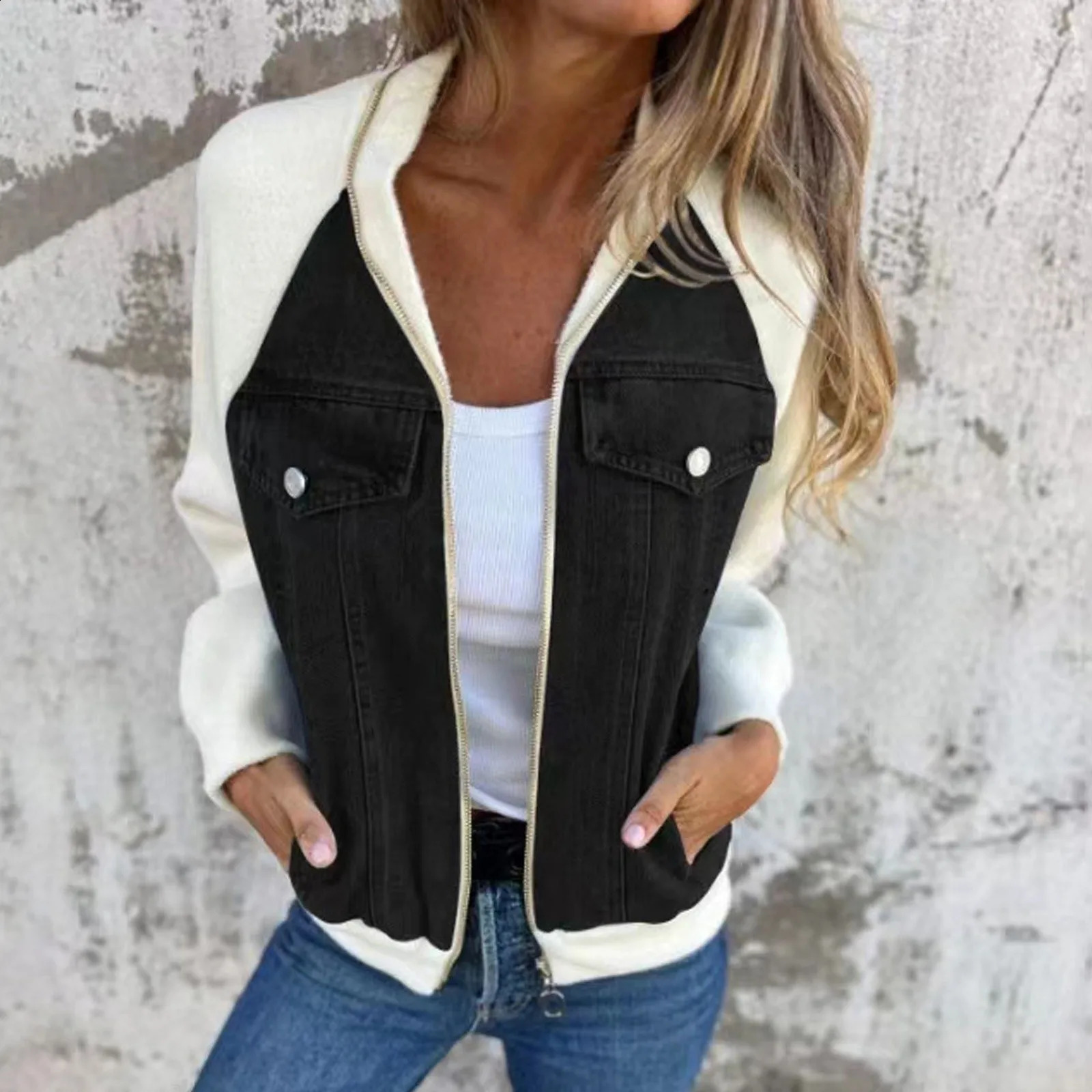 Women Autumn Winter Fashion Denim Jacket Patchwork Cropped Jacket Casual Wipe Shoulder Sleeve Jacket American Retro Loose Jacket 240814