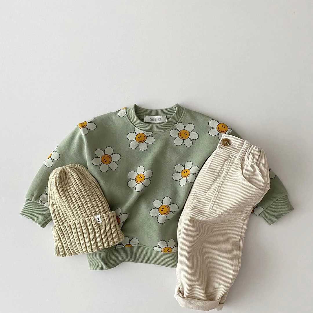 Clothing Sets 2024 Baby Girls Clothes Hoodies O-Neck Toddler Girls Flower Smiling Face Sweatshirts Oversize Casual Boys Outwear Casual Hoodie