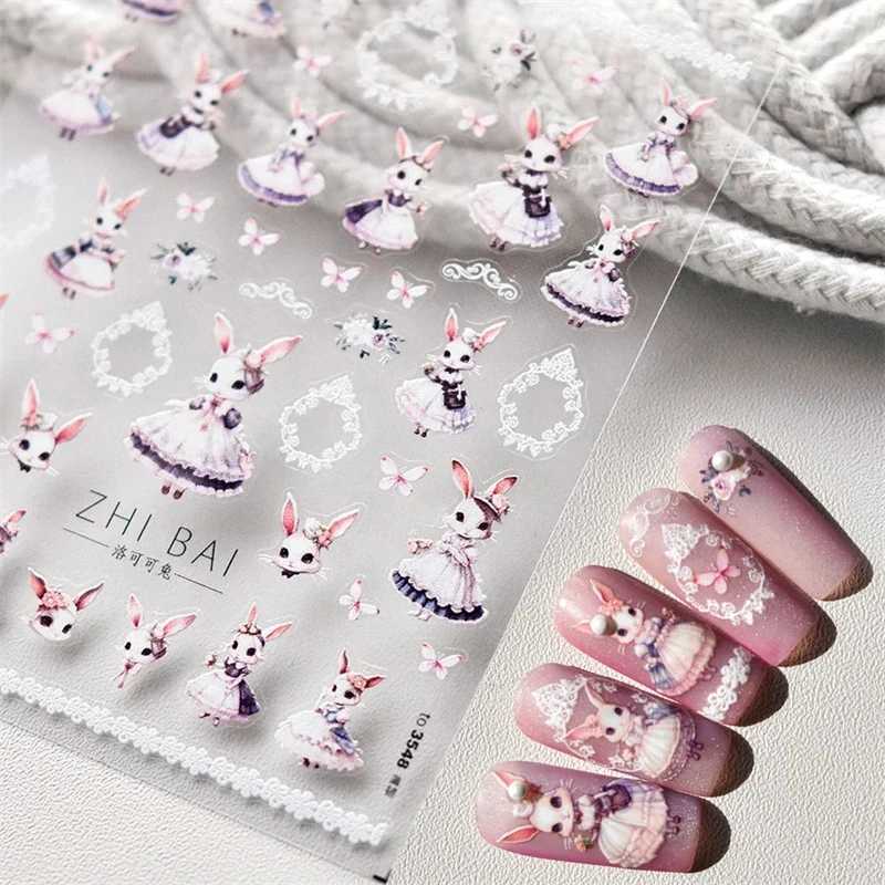 Noble Rococo Bunny Girl Pearl Butterfly Easter Egg Rabbit Soft Relief Self Adhesive 5D Nail Art Decoration Sticker 3D Nail DecalXJ240814