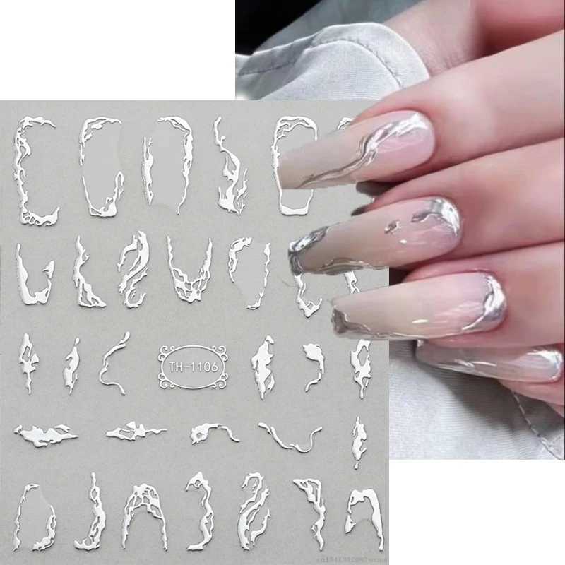 3D Nail Art Stickers Golden Wave Line Marble Blue Geometry Abstract Flowers Nail Art Sliders Decals Foils Manicure DecorationsXJ240814