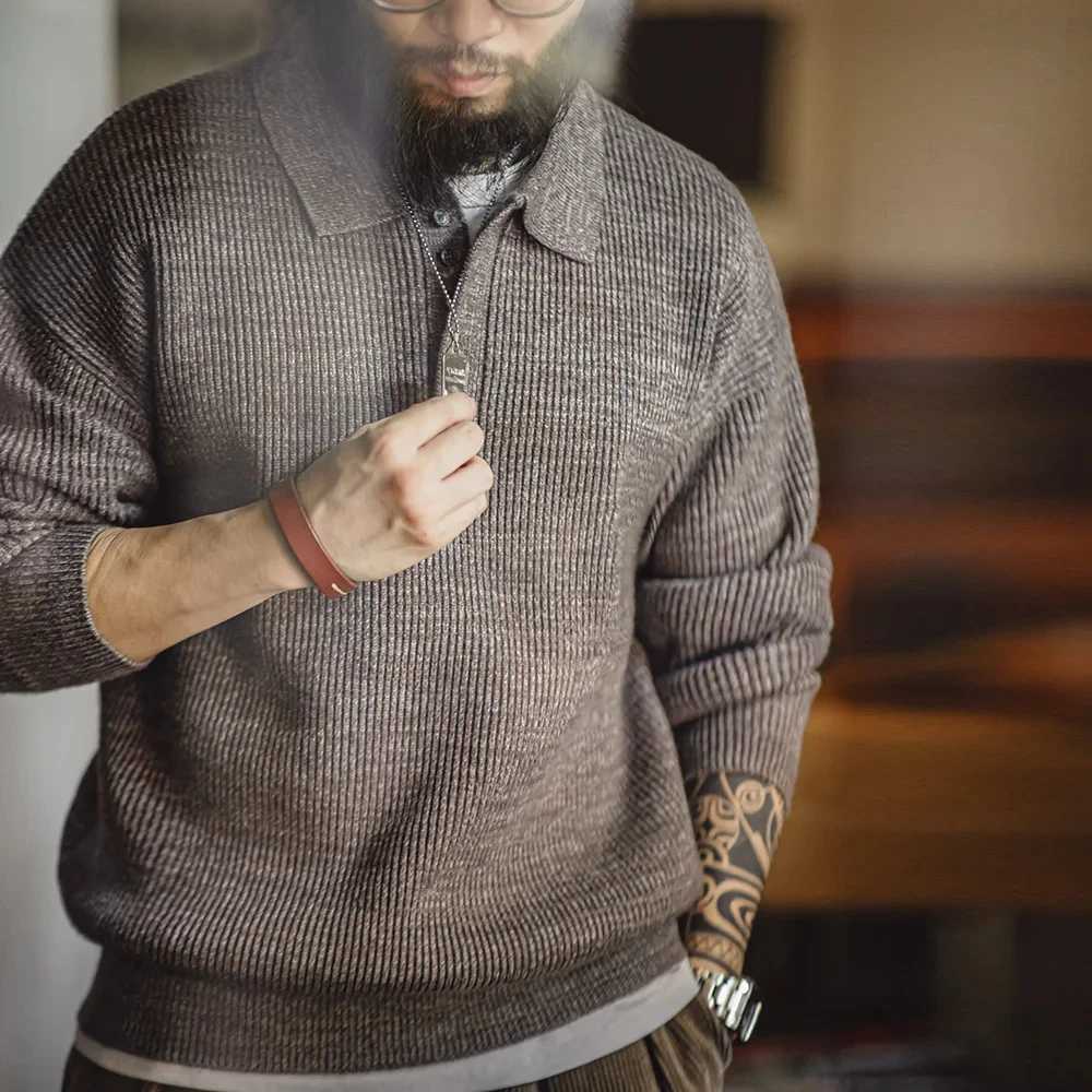 Maden Retro Knitted Polo Shirt Loose Coffee Color Lapel Sweater Autumn Winter Mens Uncle Fu Jumper Casual KnitwearXJ240814