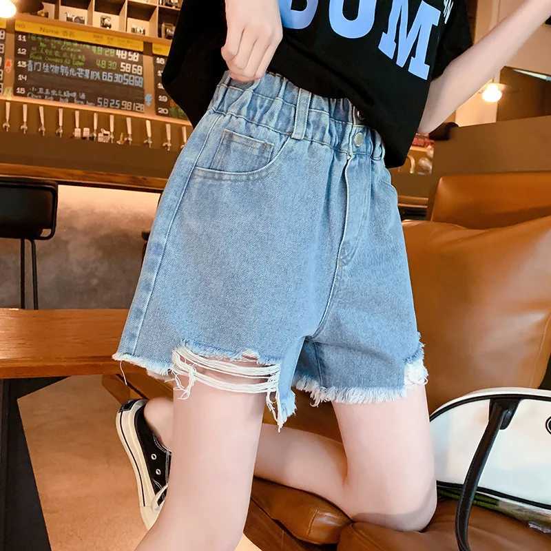 Childrens girls summer shorts retro tear hole casual style elastic waist jeans childrens clothing 6 8 10 12 14 years old W240813