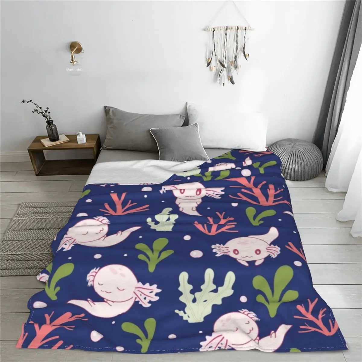 Cute Axolotl Blankets Fleece Spring/Autumn Fish Aquatic Animal Portable Super Warm Throw Blanket for Home Office Quilt Y240815