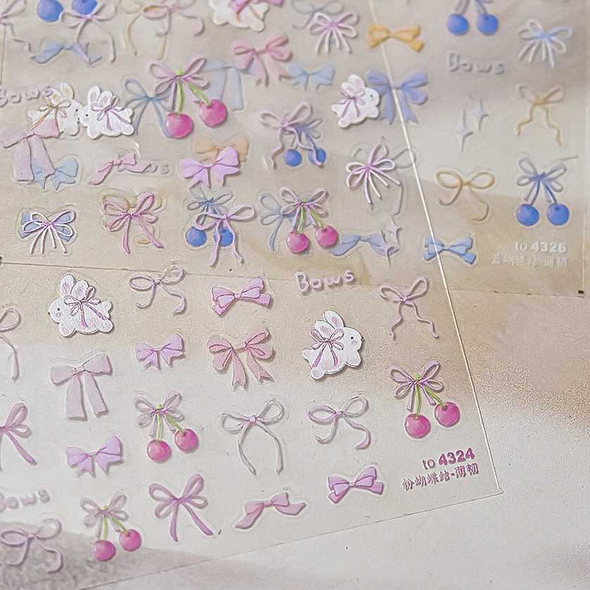 Colored Cherry Rabbit Rhinestone Love Heart Bowknot Strawberry Ribbon Flower Pearl Nail Art Decoration Sticker Manicure DecalXJ240814