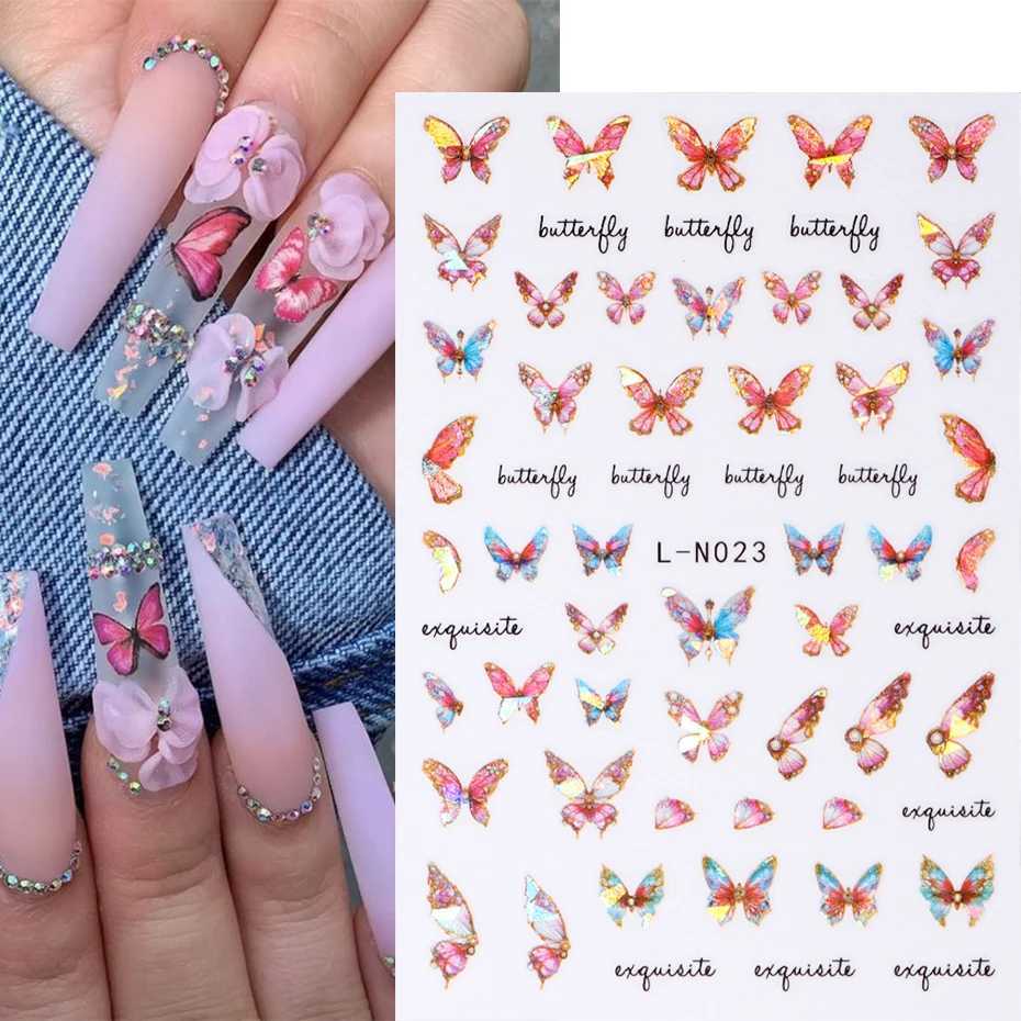 Laser Blue Butterfly 3D Nail Stickers Holographic Colorful Geometry Decals DIY Decals Designs For Nail Art Manicures DecorationsXJ240814