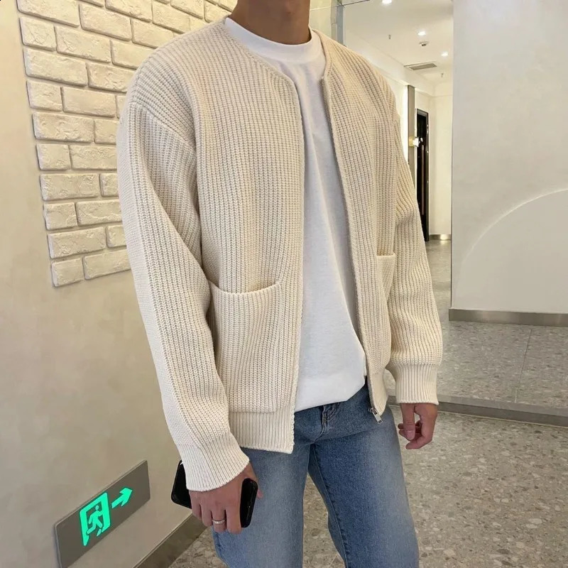 Mens Solid Color Slim-Fit Cardigan Zipper Sweater Autumn and Winter Sweater Coat Top Men Long Sleeve Stand Collar Sweater Coat 240816