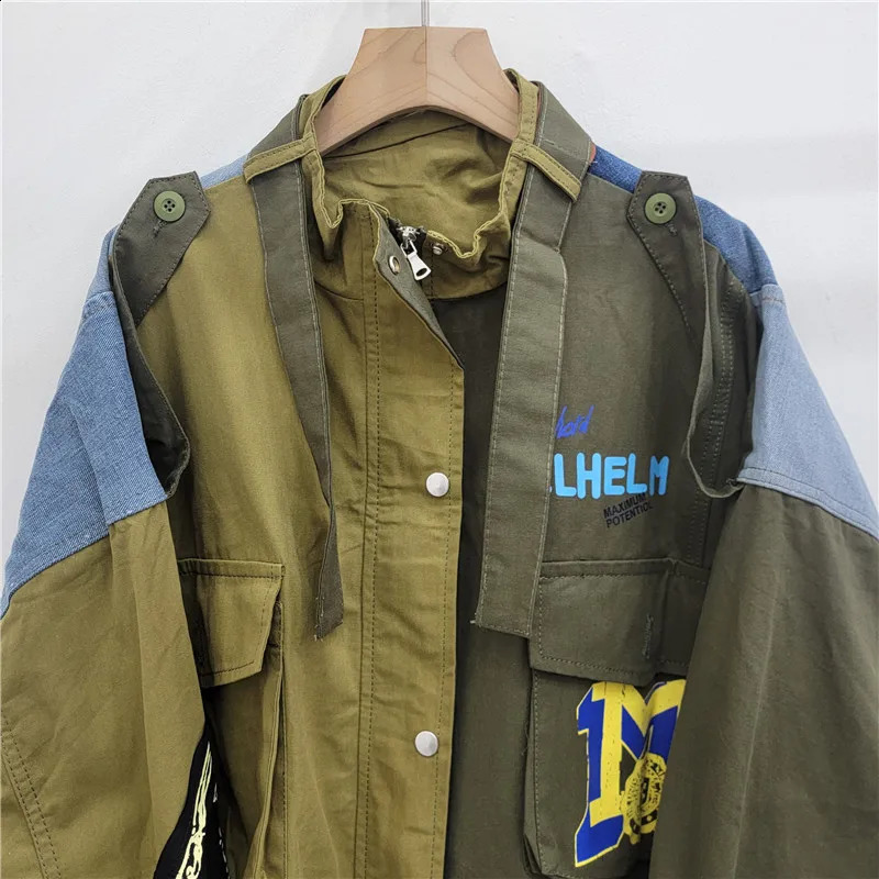 GetSpring Women Jacket 2024 Autumn Fashion Loose Casual Denim Stitched Full Sleeve Patchwork Letter Army Green Short Coat 240814
