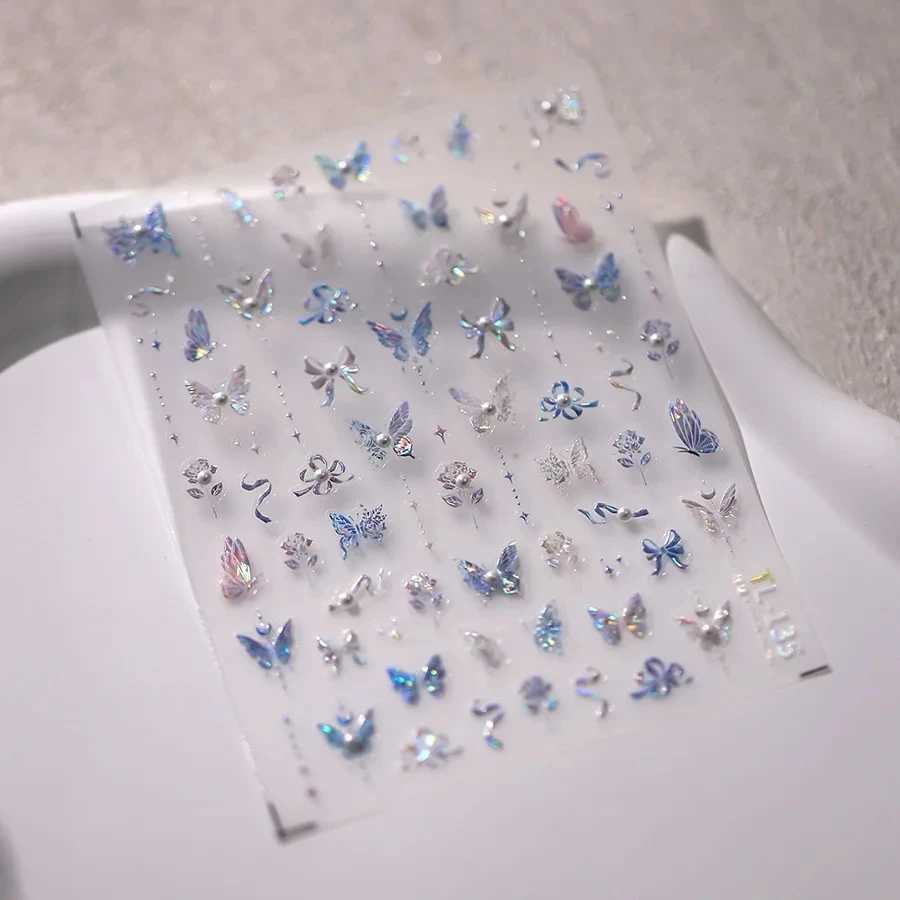 Blue Purple Butterfly Rose Bowknot Starlight Polarized 3D Self Adhesive Nail Art Stickers Pearl Rhinestone Chic Manicure DecalsXJ240814