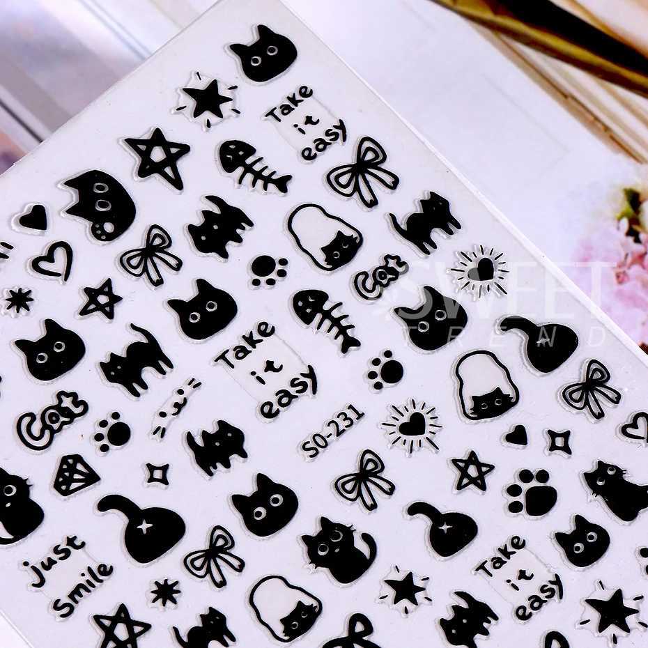 2pcs 3D Black Kawaii Cat Nail Stickers Decals Love Heart Y2K Star Bow Cartoon Self Adhesive Nail Sliders Decorations ManicureXJ240814