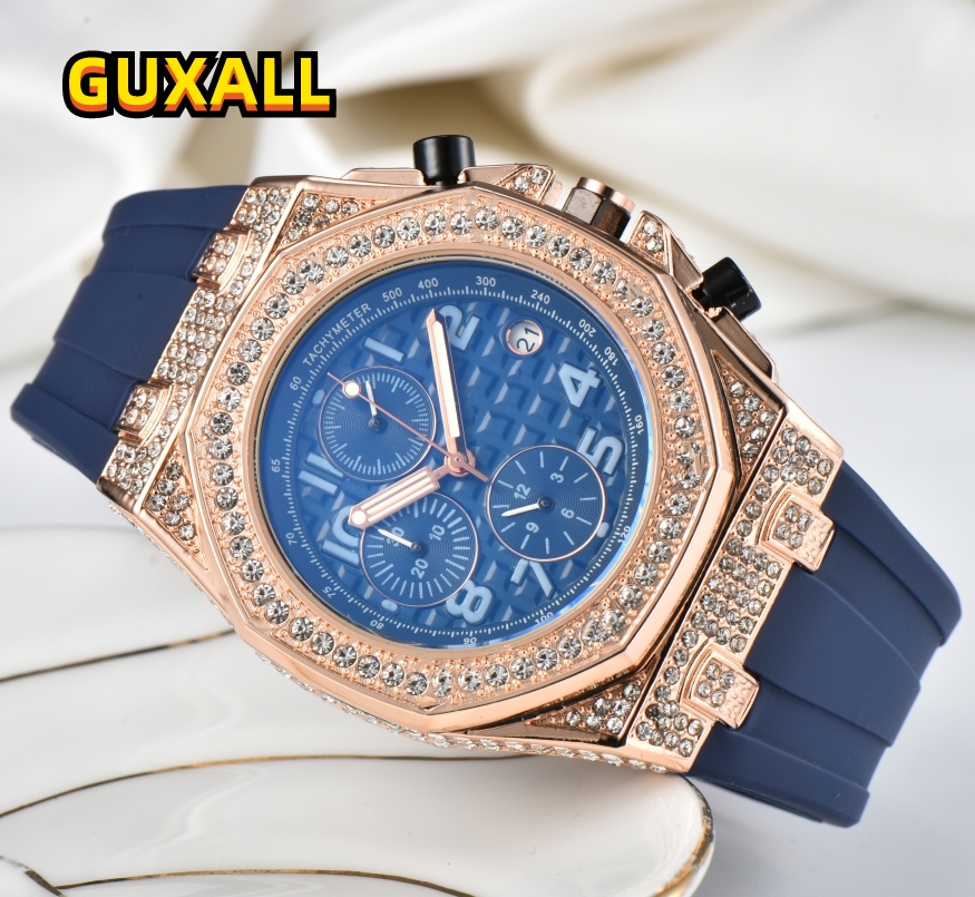 Full Diamonds Ring Automatic Date Men Stopwatch Watches 43MM Luxury Rubber Silicone Stainless Steel Band Quartz Clock Business Super Line Skeleton Dial Watch Gifts
