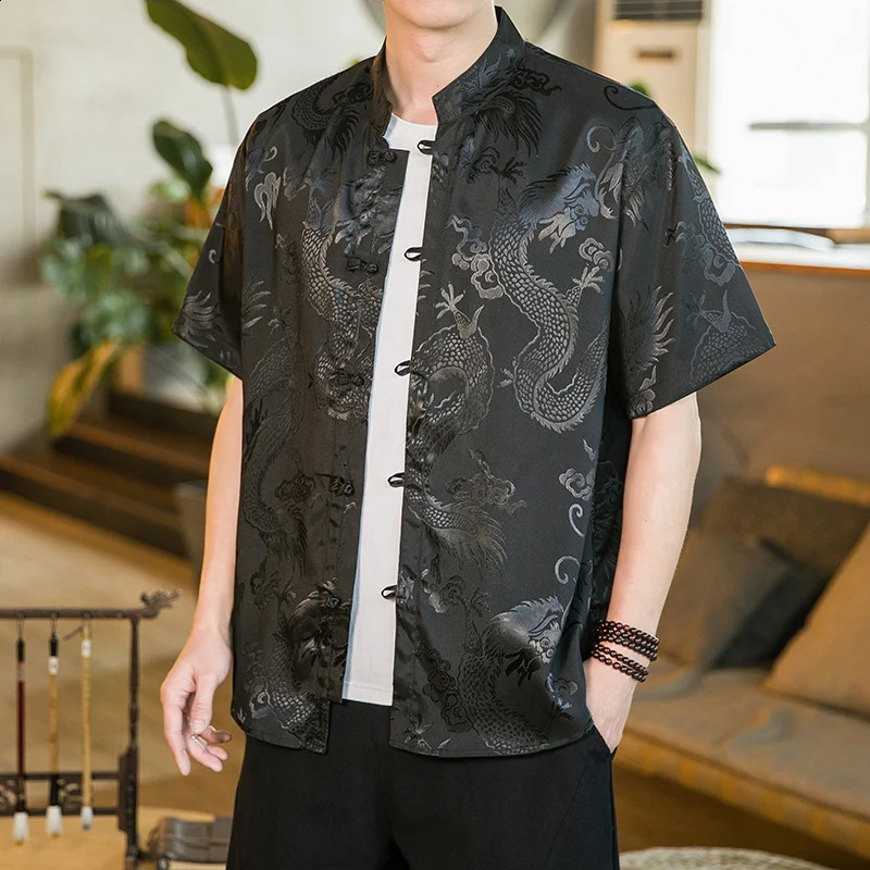Men Shirt Mandarin Collar Short Sleeve Summer Oversize 5XL Plus Size Men Formal Black White Red Chinese Year Clothing Retro 240815