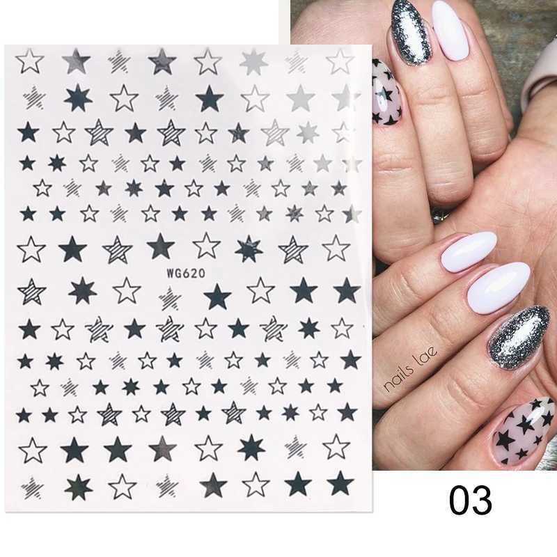 Rose Gold Star 3D Nail Stickers Silver Black White Star Heart Transfer Stickers for Nails DIY Decals Manicures Decoration TipsXJ240814