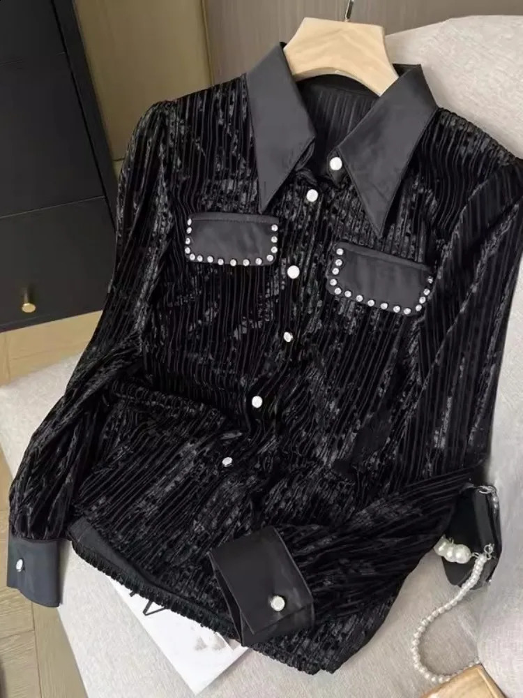 Spring Office Womens Velvet Shirt Single Chest Fashion Diamond Long Sleeve Collar Casual 240814