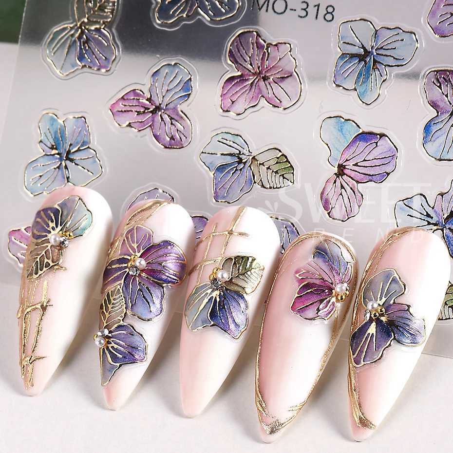 Holographic Purple Flowers Nail Sticker Metallic Blooming Floral Gradient Design Adhesive Decal DIY Charm Elegant Manicure FoilsXJ240814
