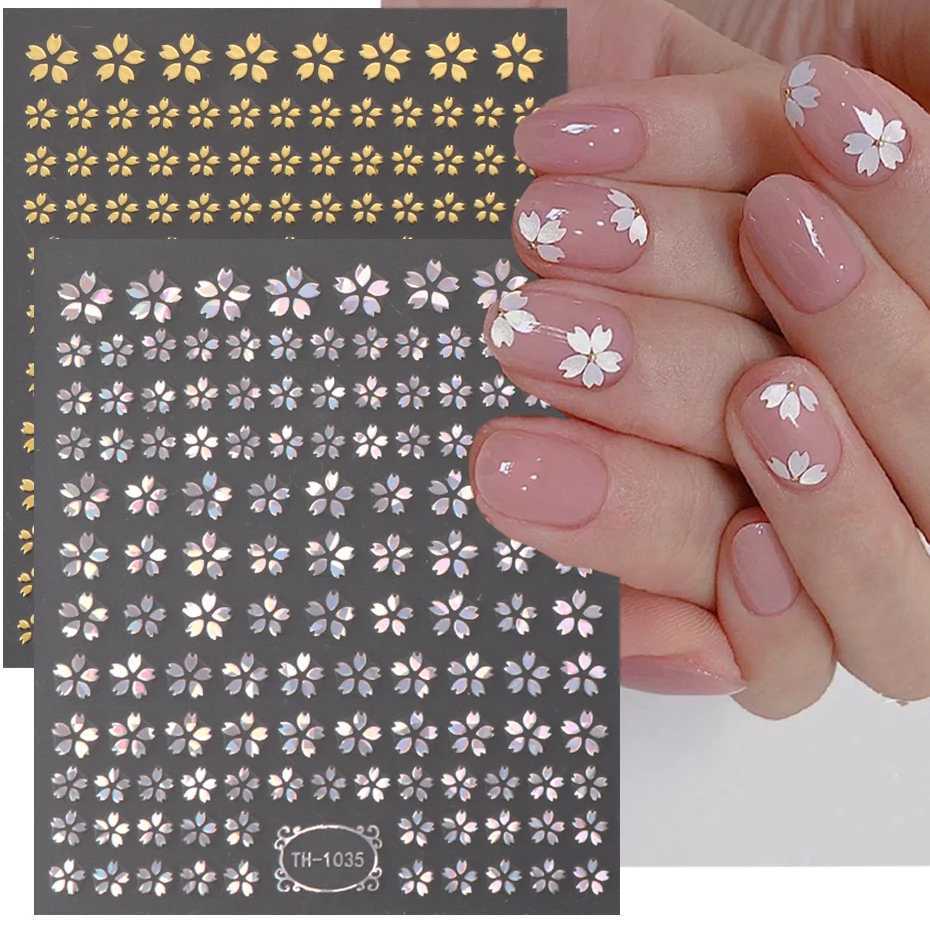 Laser Sakura Flower 3D Nail Sticker Holographic Foils Decals Snake Star Heart Adhesive Sliders Cherry Blossom ManicureXJ240814