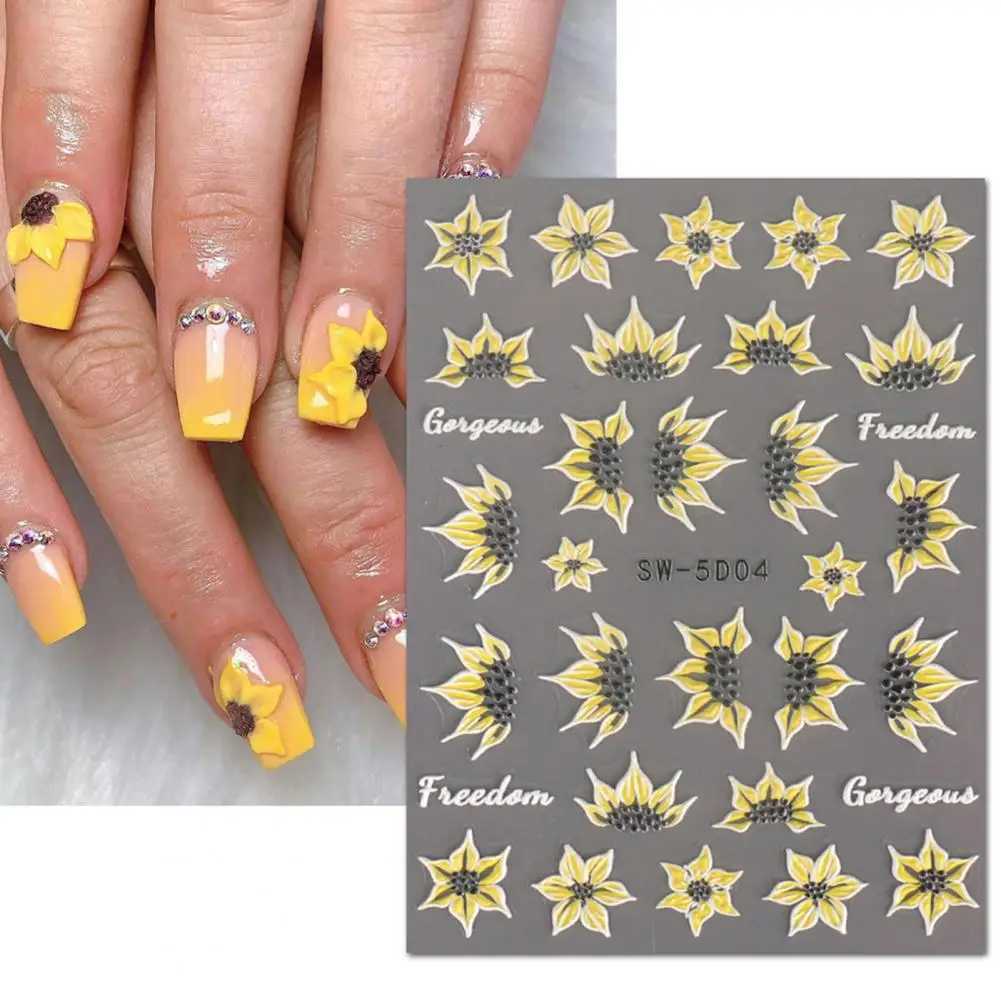 Nail Art Sticker 5D Relief Self-Adhesive DIY Nail Art Patch Spring Summer Sunflower Floral Pattern Manicure Decal Nail SalonXJ240814