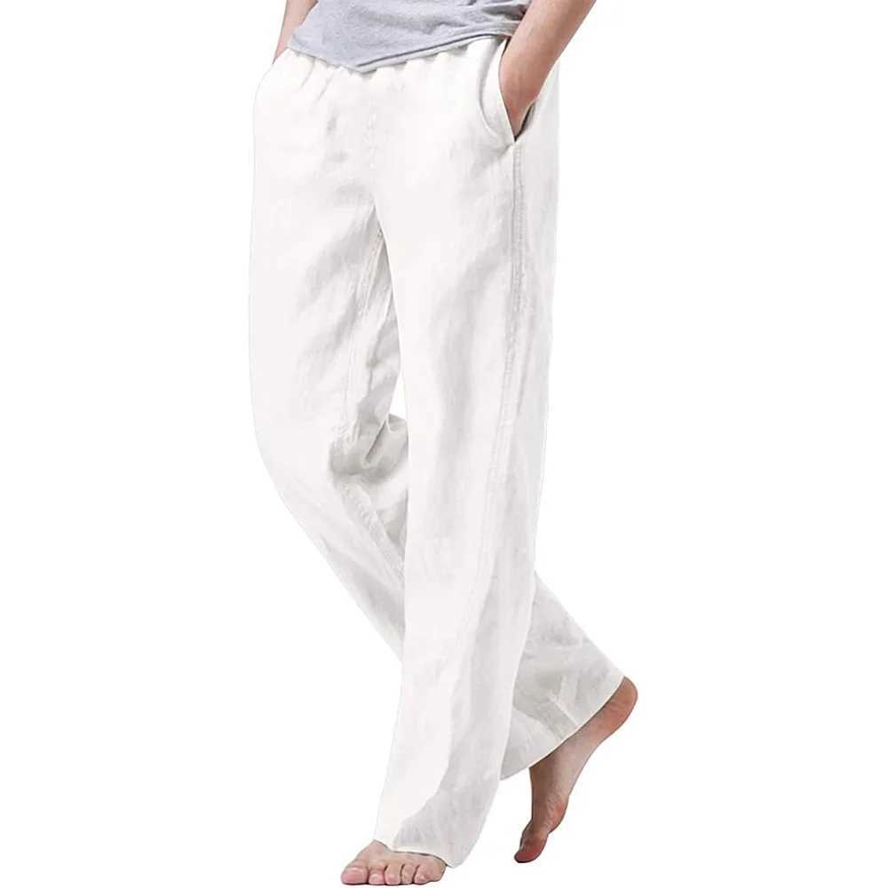 Mens cotton linen breathable drawstring pants with elastic waist casual jogging yoga pants beach bag loose Trouser mens sports pantsW240725 1 W250318