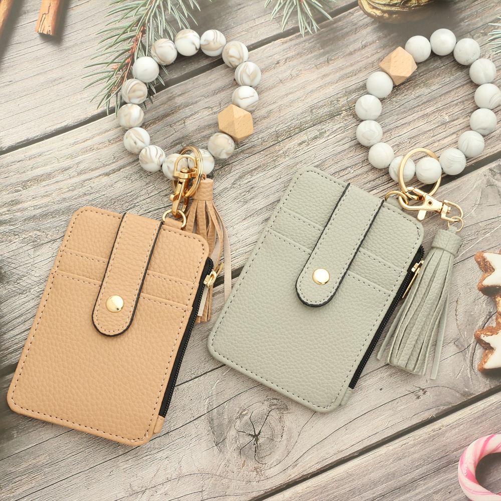 Fashion PU Leather Business ID Card Credit Holder With Silicone Beads Bracelet Keychain Lady Wallet Purse Card Holder Keychains Multifunctional Wallet