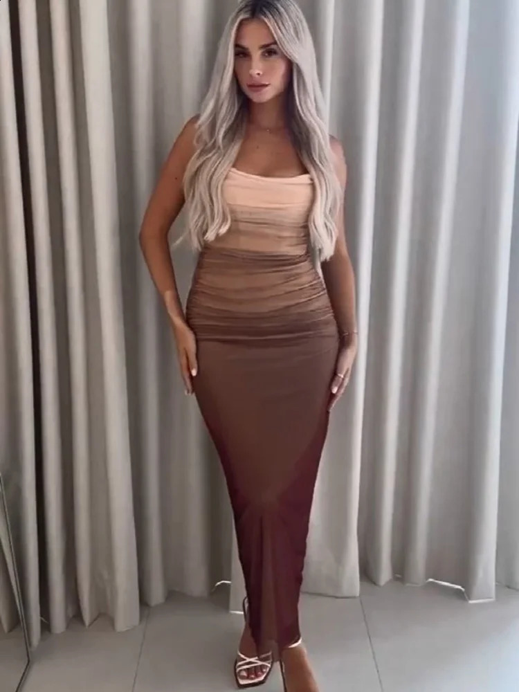 Gradient Print Tulle Beach Dress Women Summer Sleeveless Strap Pleated Midi Dresses Female Elegant Party Evening Vestido 240815