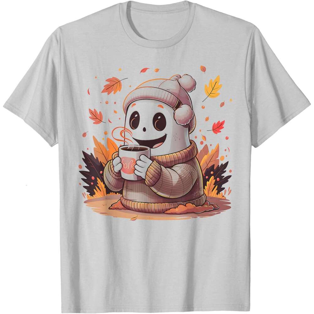 T shirt for Mens Autumn Fall Cozy Ghost with Coffee Cute Halloween Costume T-Shirt Shirts Tshirt Graphic Tee Casual Tops Clothes Short sleeve 2025
