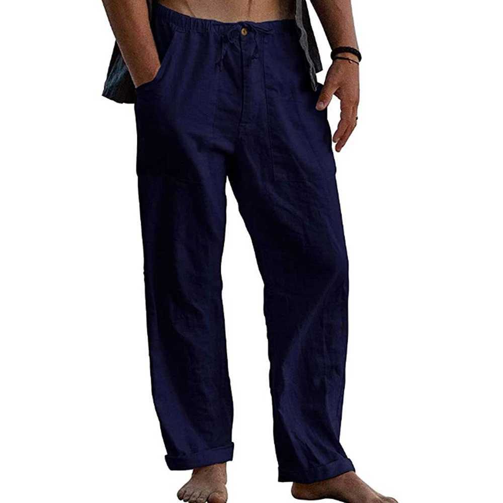 Mens cotton linen pants with elastic waist multiple pockets wide legs mens casual thin drawstring pantsW240725