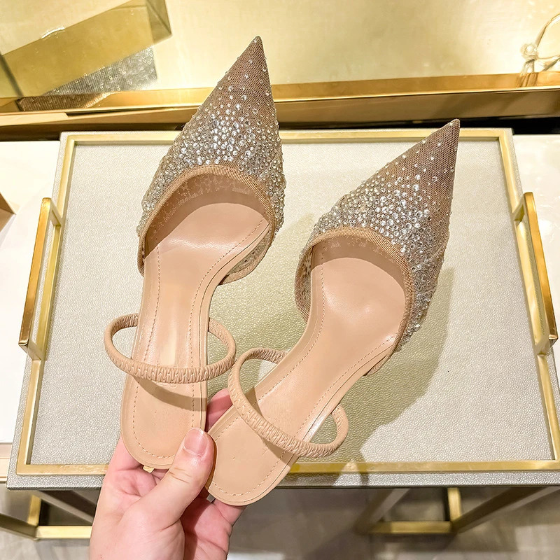 Brand Shiny Rhinestone Design Mesh High Heels Women Summer Elegant Open Pointed Toe Sandals Thine Heel Mules Pumps