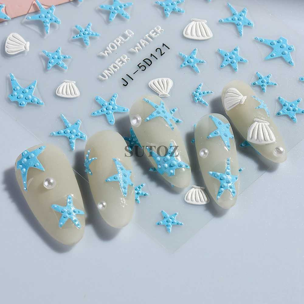 5D Embossed Summer Ocean Nail Stickers White Blue Starfish Shells Letter Sea World Design Self-Adhesive Manicure Deco GLJI-5D120XJ240814