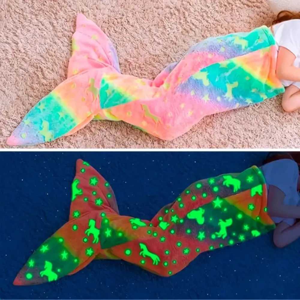 Flannel Mermaid Sleeping Bag Cute Rainbow Glowing In The Dark Mermaid Blanket Soft Cozy Universal Mermaid Tail Mermaid Blanket Y240815
