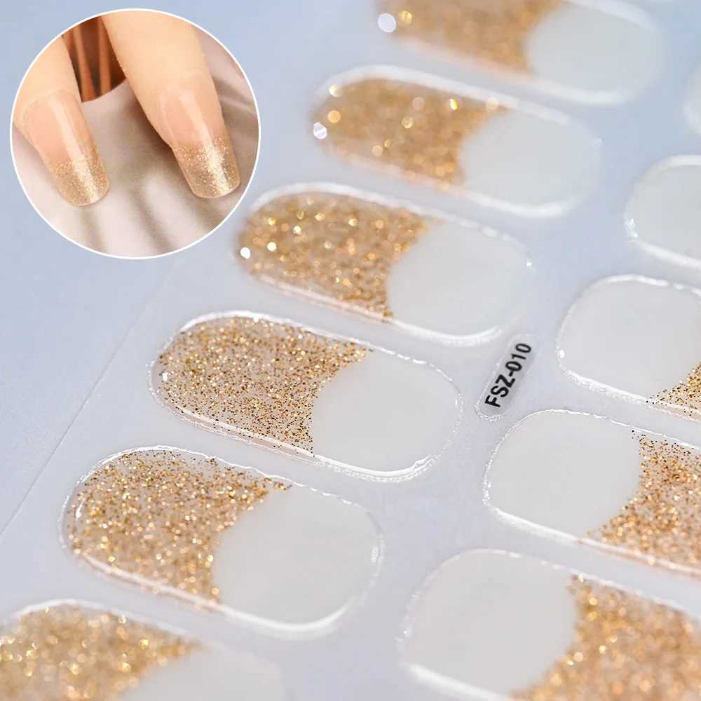 16Tips Semi Cured Gel Nail Wraps Golden Glitter French Phototherapy Lamp UV DIY Gel Patch-Includes Nail File Wooden StickXJ240814
