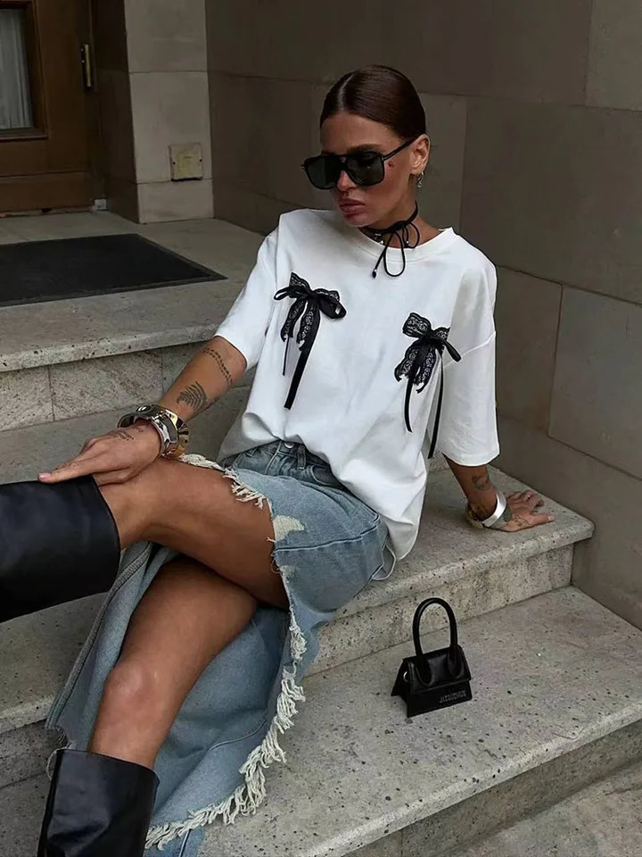 Cotton medium length summer Tshirt streetwear plus size Harajuku BF loose white printed short sleeved 240814