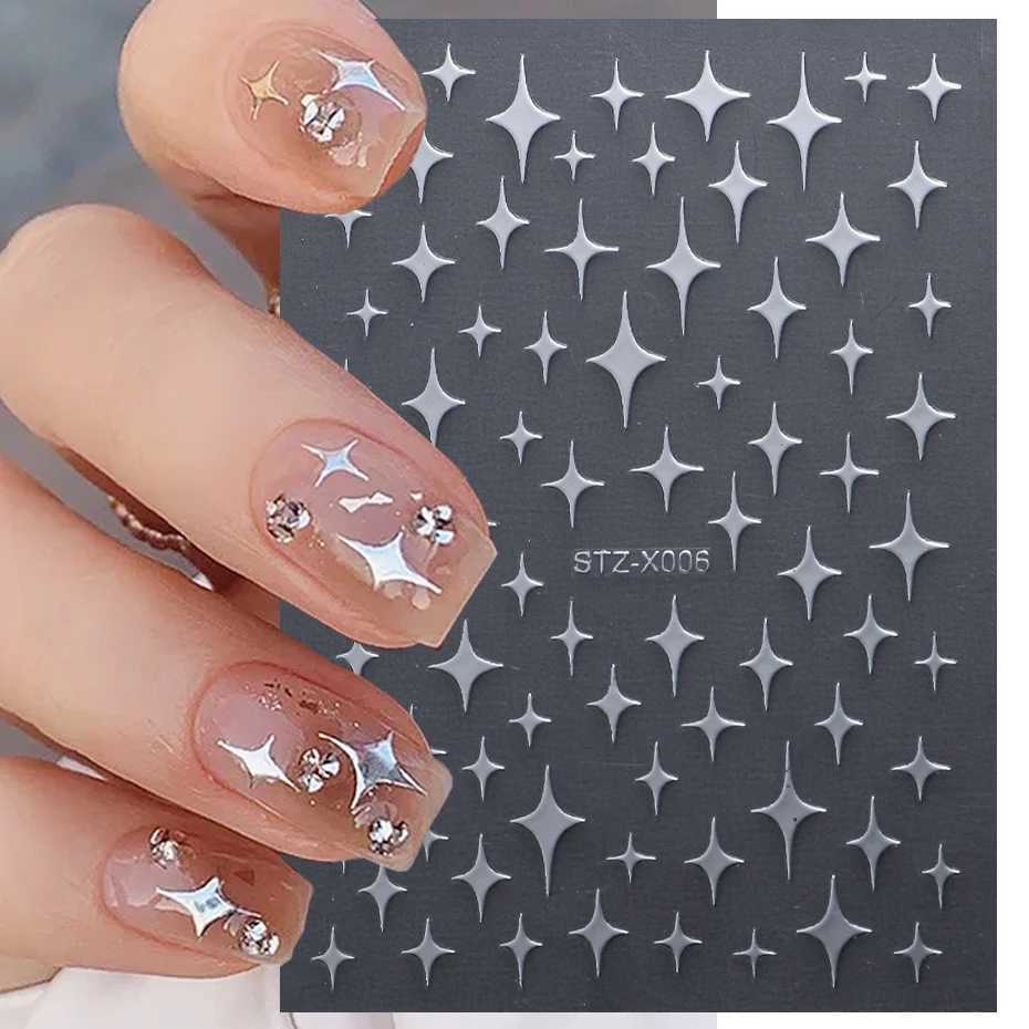 Silver Gold Star Nail Art Stickers Y2K Charms Self-Adhesive Sliders Laser White Chrome Gel Polish Decals Kawaii AccesoriesXJ240814