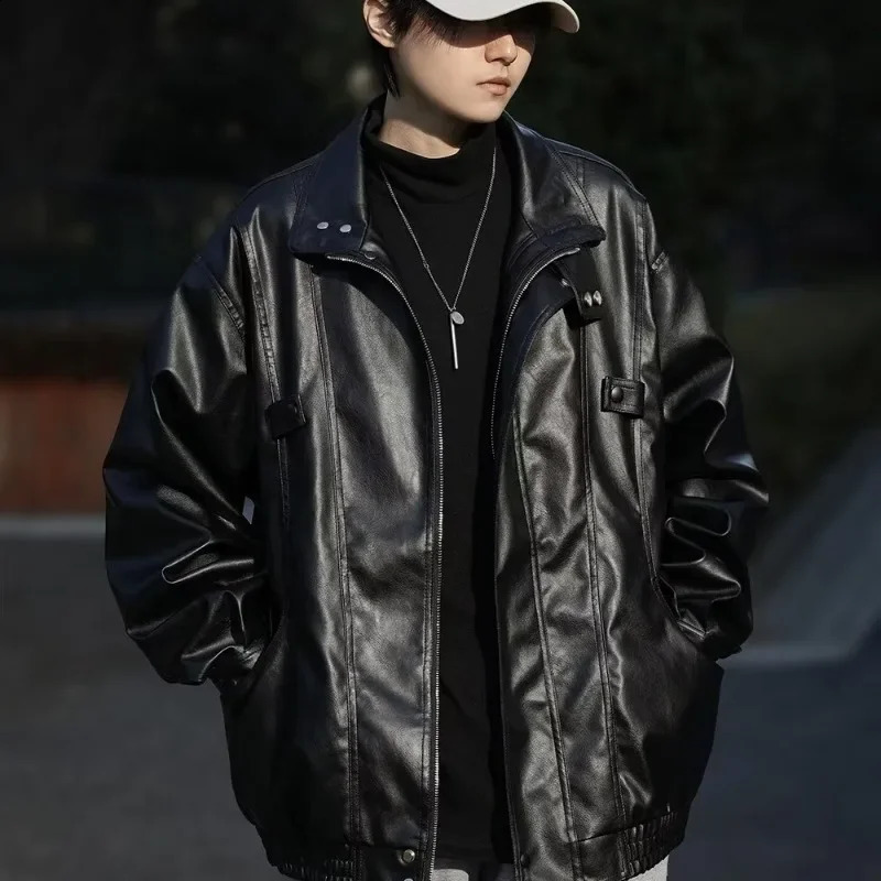 Trendy American Style Loose-fit Leather Jacket For Men Autumn Season Pu Leather Fighter Pilot Casual Versatile Top 240814