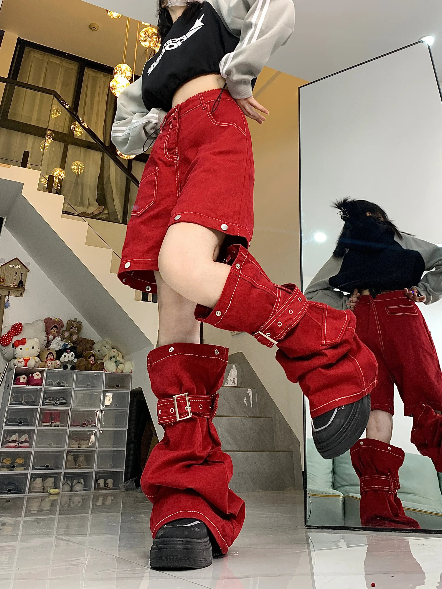 Chic Hip-hop Women Red Cargo Pants 2-In-1 Detachable Baggy Jeans Y2k Wide Leg Trousers 90s Retro Streetwear 240815