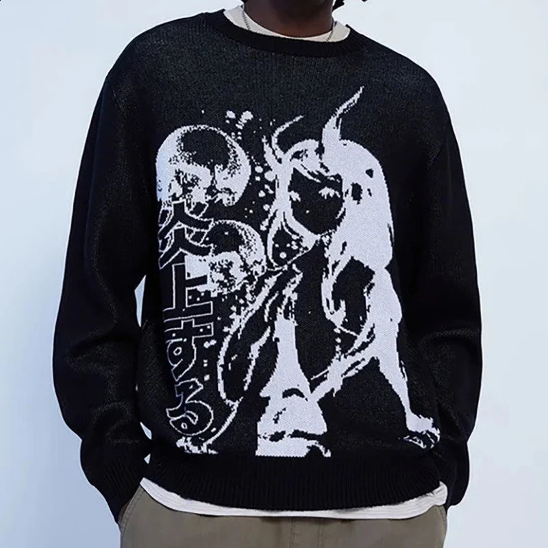 Y2k Round Neck Long Sleeved Anime Jacquard Sweater Knitted Sweater Top Streetwear Casual Winter Pullover Vintage Gothic 240815