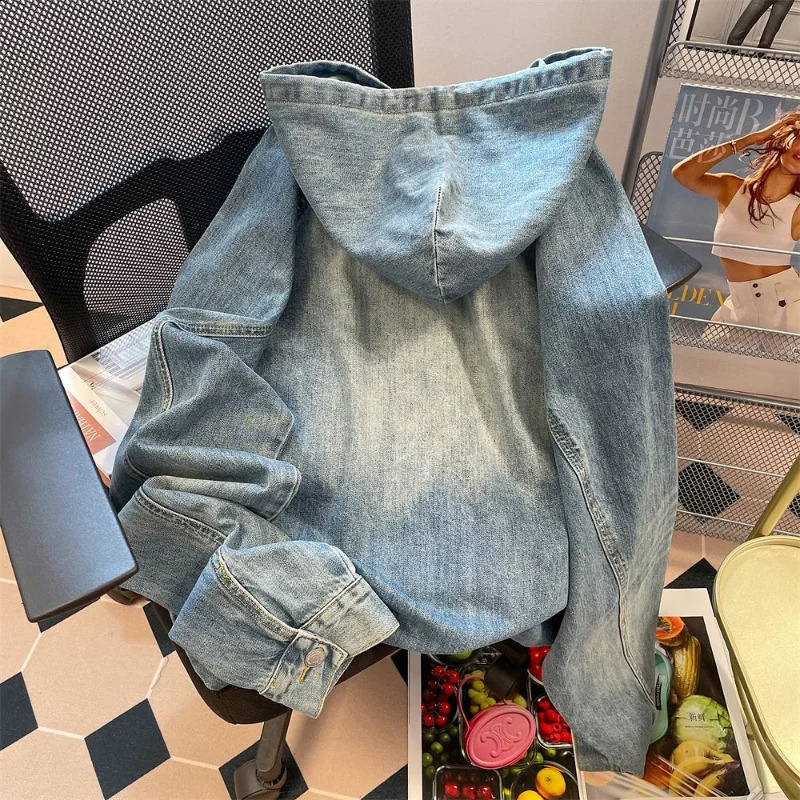 Retro Casual Denim Jacket Womens Fashion Korean Sweatshirt Hooded Loose Sleeve Street Apparel Coat Y2k Top Ropa Mujer 240815