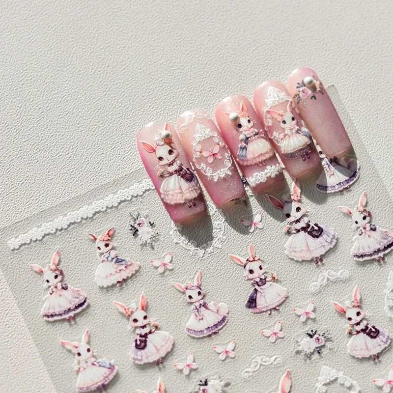 Noble Rococo Bunny Girl Pearl Butterfly Easter Egg Rabbit Soft Relief Self Adhesive 5D Nail Art Decoration Sticker 3D Nail DecalXJ240814