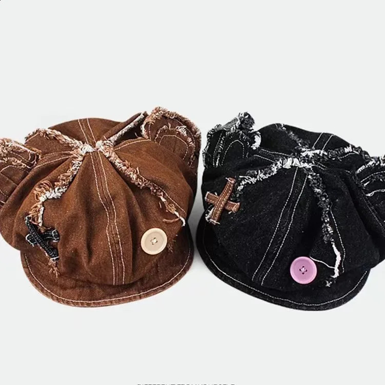 Womens Vintage Distressed Doll Bear Cowboy Octagonal Hat Y2K Button Elements Bear Ears Beret 240805