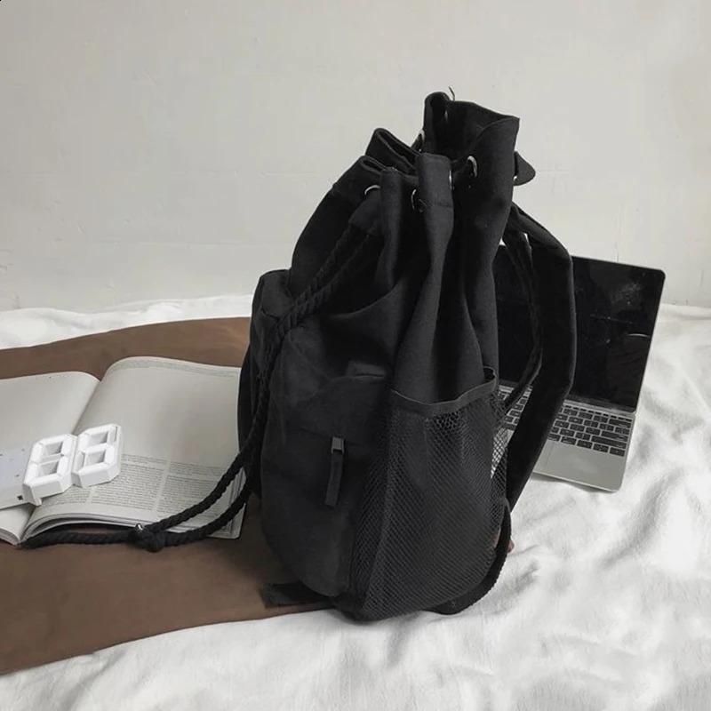 Drawsting Backpacks For Women Casual Canvas Lady Light Weight Students Shoulder Bag Large Capacity Travel Rucksack 240814