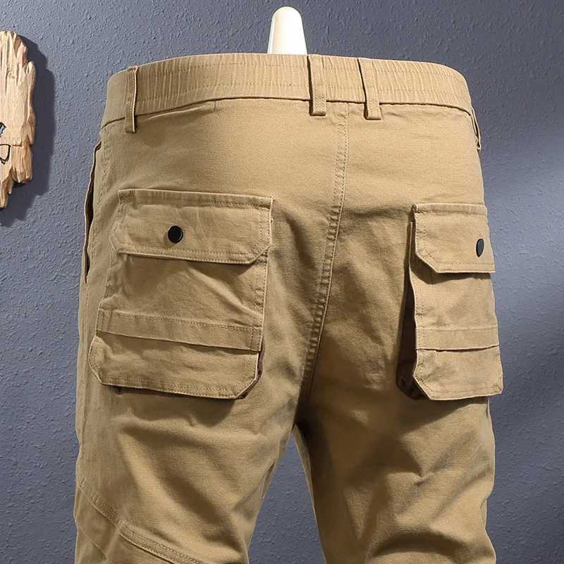 2024 new khaki splicing contrasting color ankle strap work pants mens fashionable elastic slim fit outdoor casual pantsW240725