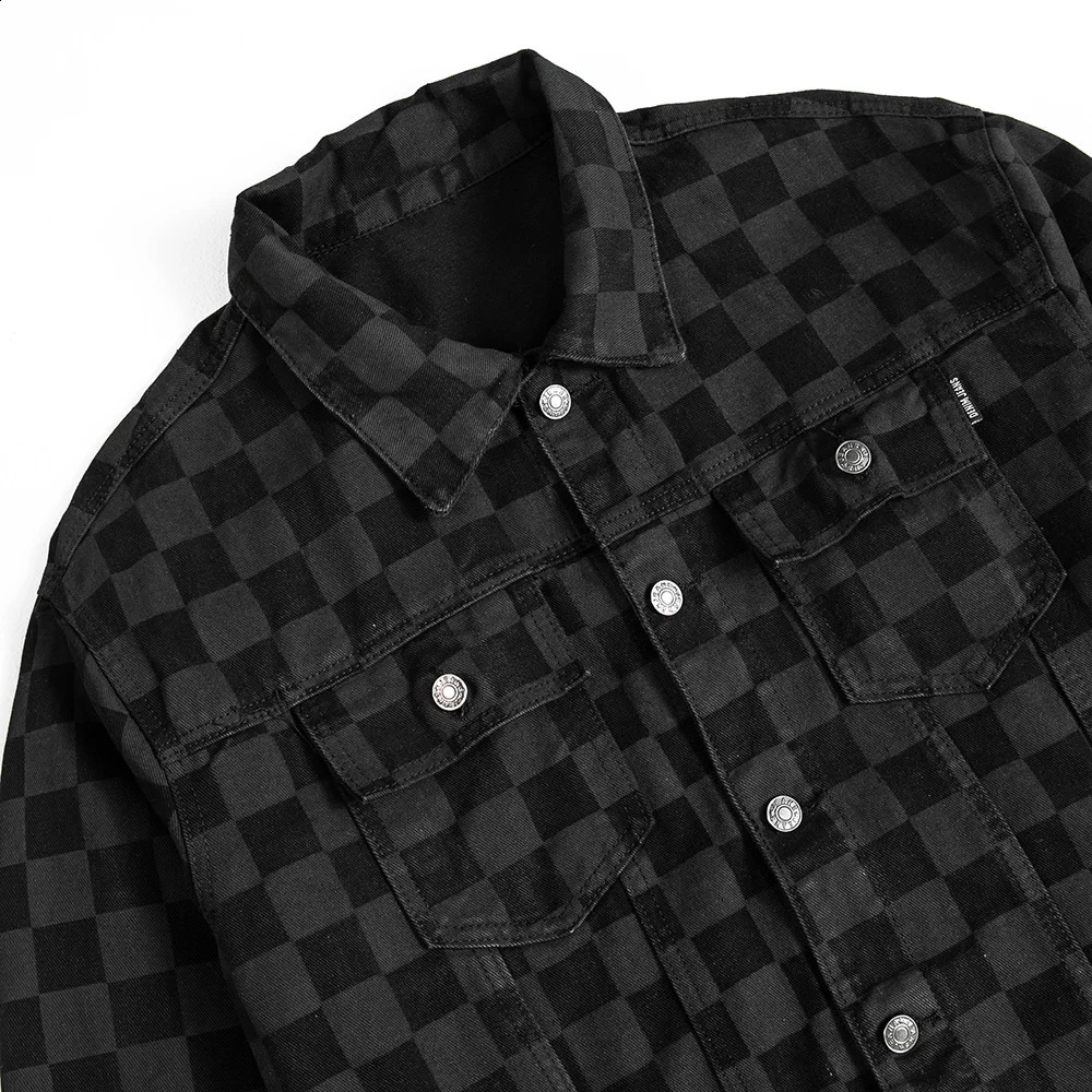 Mens plaid printed denim jacket casual loose plain denim jacket black long sleeved jacket 240814
