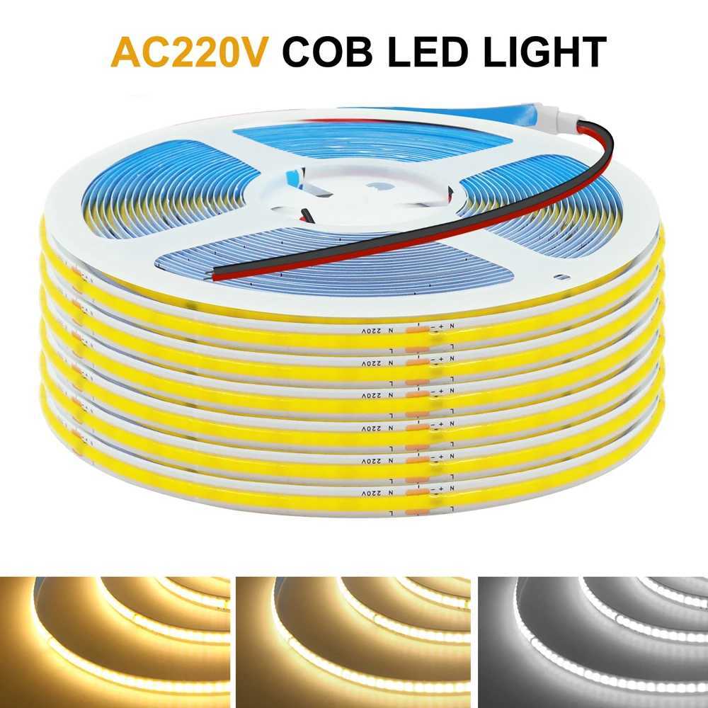 5M 10M AC220V COB LED Strip 240LEDs/m 8mm PCB Adhesive High Density Linear Lighting COB Light Bar White/Warm White/Natural White CL240815