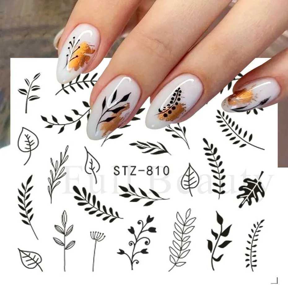 4 PC/Sheet Spring Black Leaf Flower Water Decals Simple Nail Decor Sticker Butterfly Green Palm Design Nail Art Watermark LAI-24XJ240814