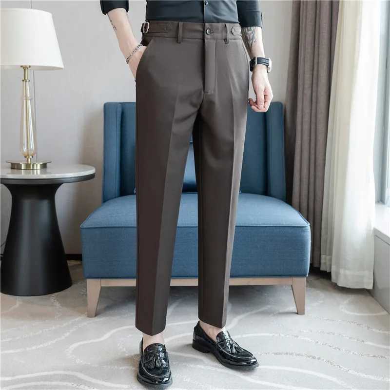 Summer thin Naples casual mens clothing high-end dark green suit pants drawstring cool non ironing fabric elastic waistW240725