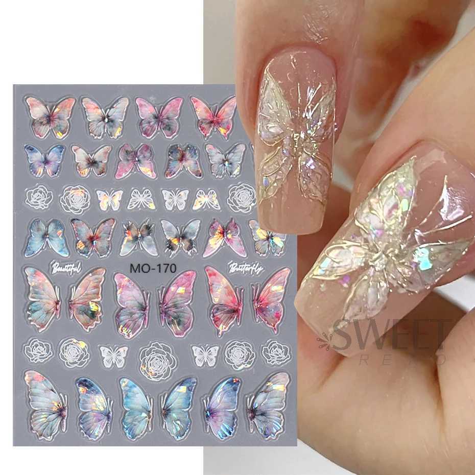 Acrylic Engraved Butterfly Nail Manicure Sticker Holographic Crystal Fairy Rose Flowers Adhesive Decals Charm Spring Foils WrapsXJ240814
